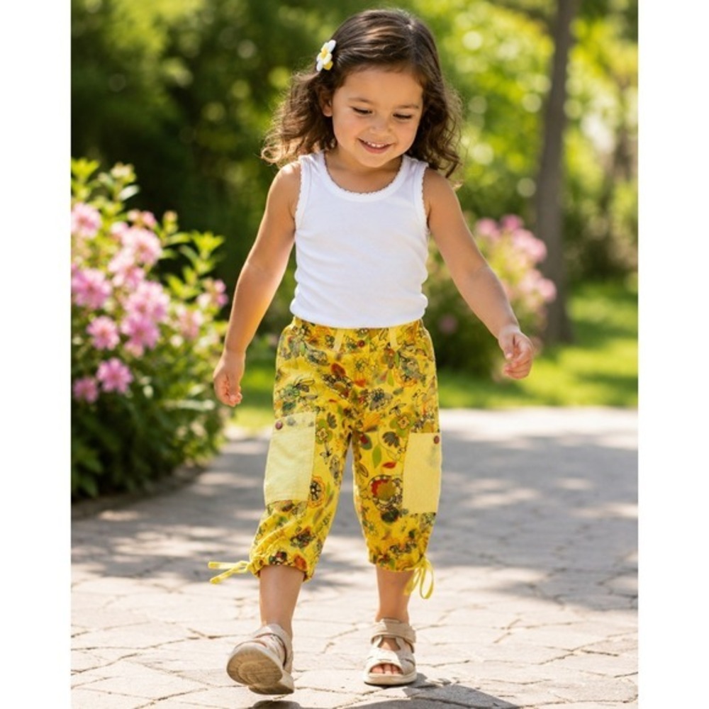 Little Mass Girls Yellow Floral Cargo Capri Pants Size 4 NWT